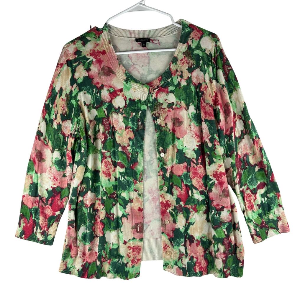 Talbots Floral Button Front Cardigan Sweater Women’s XL Teacher Twee Botanical - Picture 1 of 10